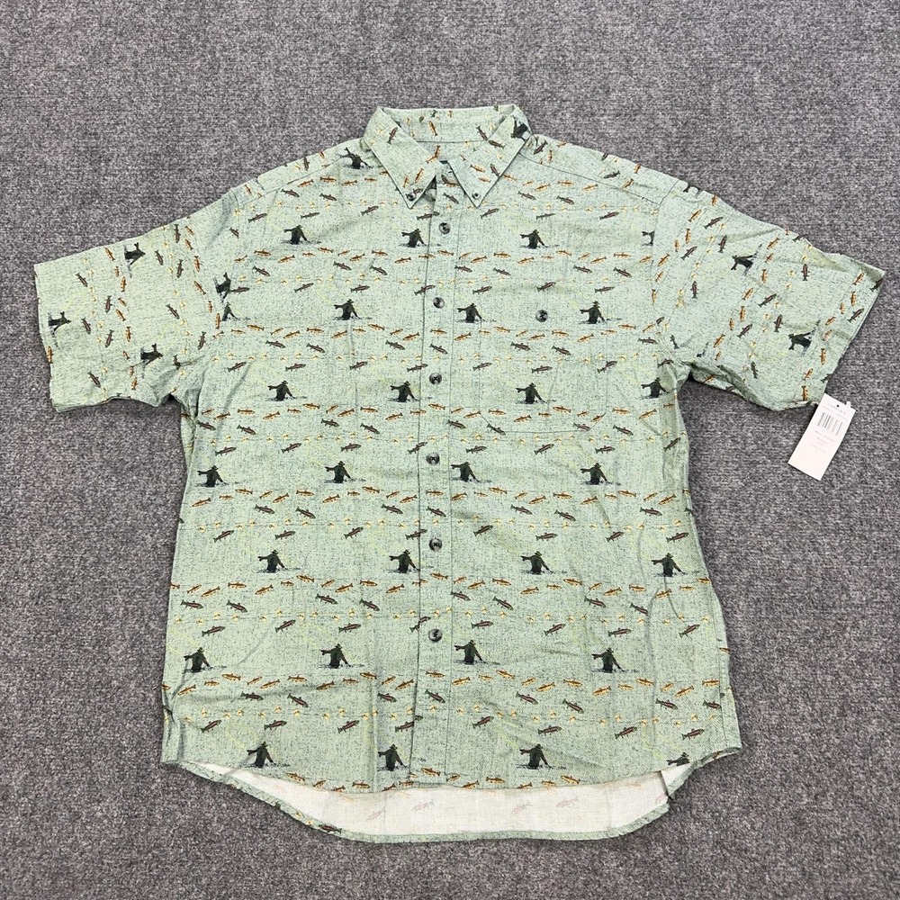 Cabela's Shirt Mens L Green Streamside Fish Print Short Sleeve Button Up Fishing